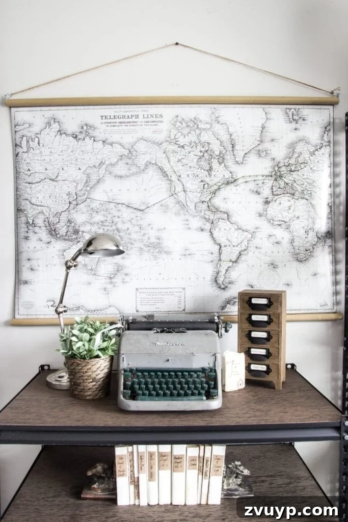 DIY Vintage Scroll Map 8 Industrial Office Shelving and DIY Vintage Map | A glimpse of the ongoing office makeover, featuring a DIY pull-down map and a tease of industrial shelving. Discover budget-friendly and stylish solutions for your home office.