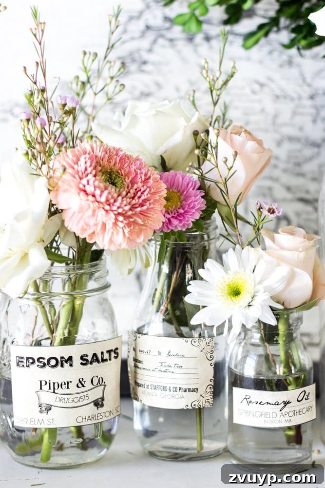 DIY Spring Apothecary Jar Label Printables 3 Spring Apothecary Jar Labels Printable | blesserhouse.com - These are so cute! Stick them on any glass bottles and they're instant vintage farmhouse decor!
