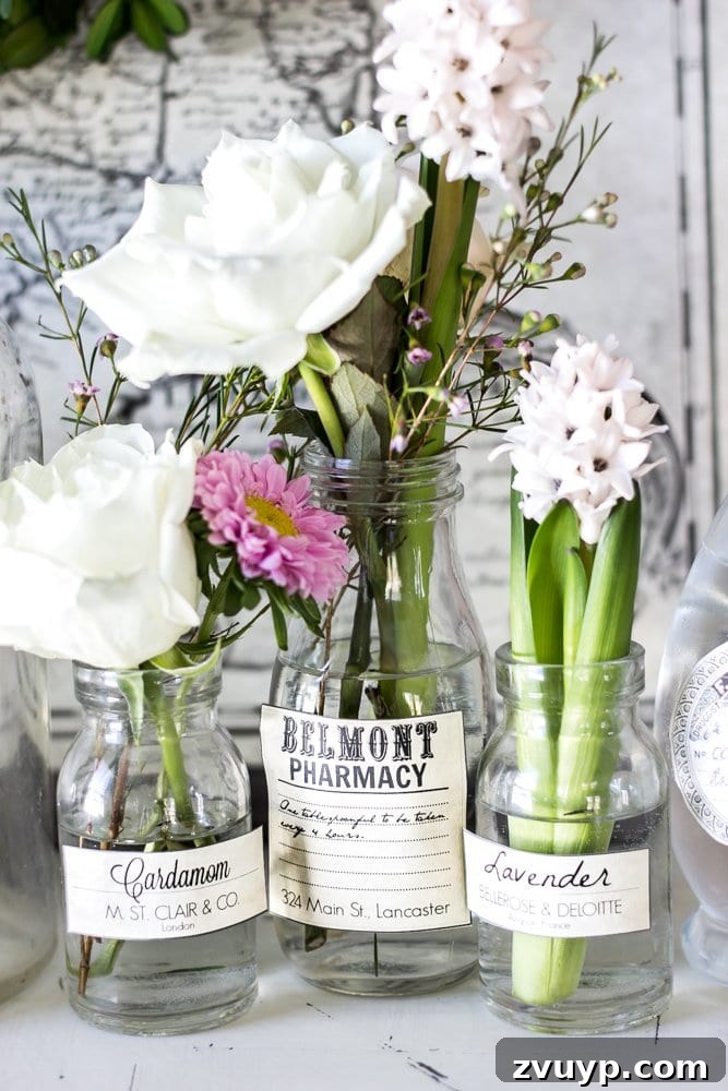 DIY Spring Apothecary Jar Label Printables 6 Spring Apothecary Jar Labels Printable | blesserhouse.com - These are so cute! Stick them on any glass bottles and they're instant vintage farmhouse decor!
