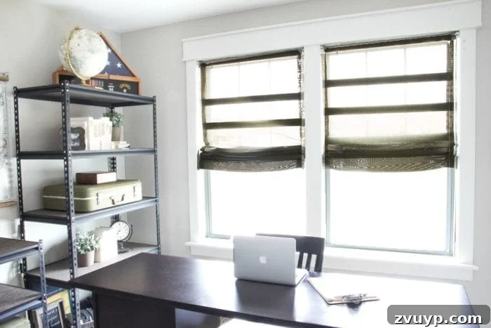 Burlap Roman Shades A Clever Blind Transformation 14 Completed DIY Roman shades from blinds installed on windows, with one shade visibly shorter than the other, highlighting the 'project fail' discussed in the text.