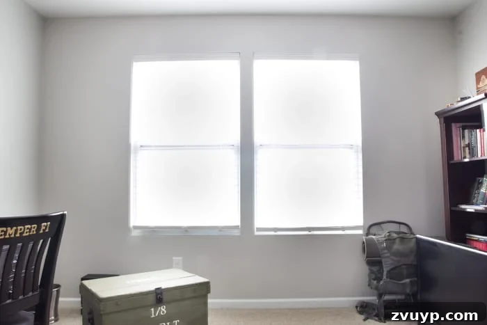 Burlap Roman Shades A Clever Blind Transformation 16 Before shot of an empty office with basic windows and plain walls, contrasted with the improved look after DIY projects. This image emphasizes the dramatic visual change.