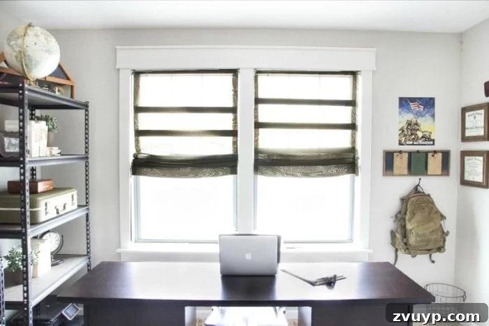Burlap Roman Shades A Clever Blind Transformation 17 After photo of the office windows with newly installed DIY burlap Roman shades, demonstrating a significant improvement in aesthetic and character, enhancing the vintage industrial style.