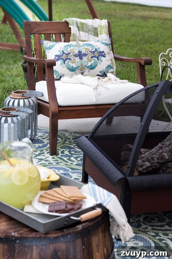 Transform Your Tiny Patio into an Outdoor Oasis 13 How to Decorate a Small Patio | blesserhouse.com - Utilize a small patio space with chairs at each corner and a fire pit in the middle for function and entertainment. Add outdoor string lights for a cozy ambience.