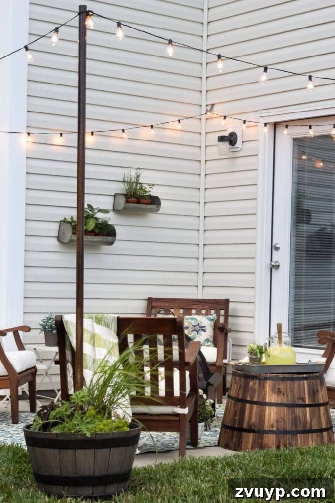 Transform Your Tiny Patio into an Outdoor Oasis 15 How to Decorate a Small Patio | blesserhouse.com - Utilize a small patio space with chairs at each corner and a fire pit in the middle for function and entertainment. Add outdoor string lights for a cozy ambience.