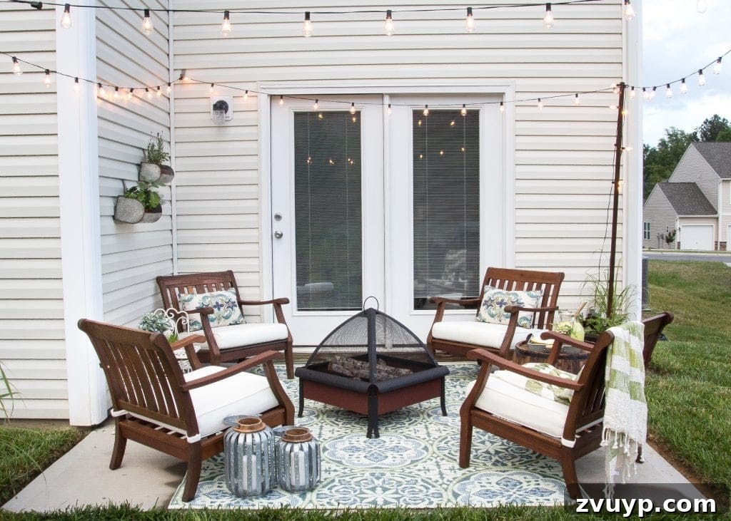 Transform Your Tiny Patio into an Outdoor Oasis 4 How to Decorate a Small Patio | blesserhouse.com - Utilize a small patio space with chairs at each corner and a fire pit in the middle for function and entertainment. Add outdoor string lights for a cozy ambience.