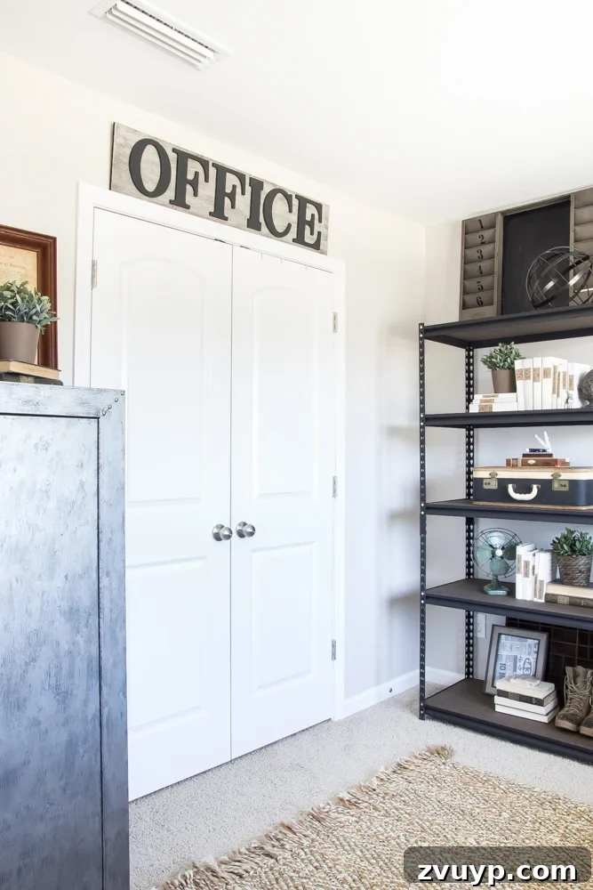Strategic Industrial-Military Hub Unveiled 16 DIY Vintage Office Sign on Closet Door in Industrial Military Office