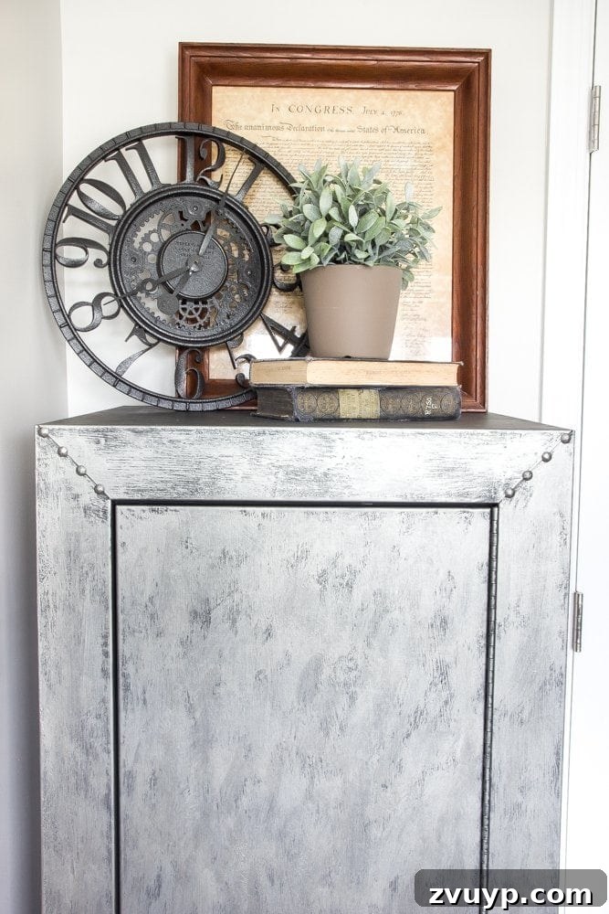 Strategic Industrial-Military Hub Unveiled 17 Faux Zinc Finish Safe Makeover with Thrift Store Decor in Industrial Office