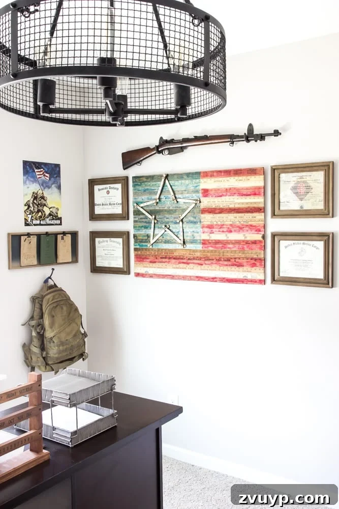 Strategic Industrial-Military Hub Unveiled 19 Industrial Military Office Reveal - Gallery Wall with Accolades and DIY Yardstick Flag Art