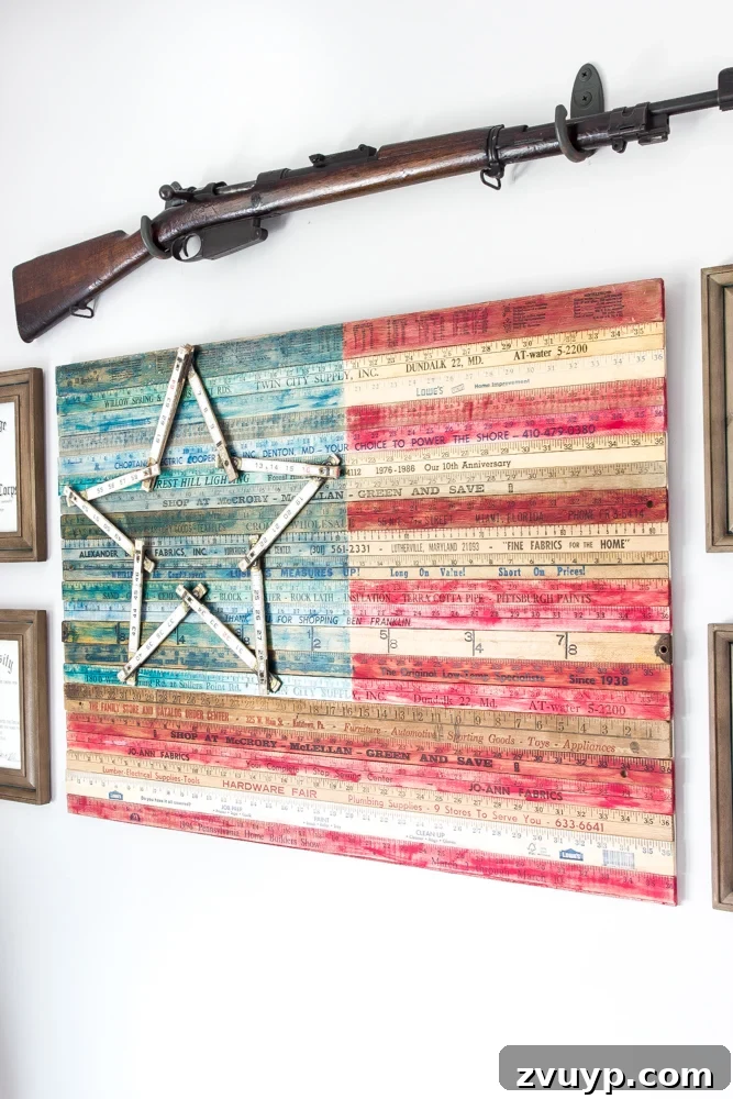 Strategic Industrial-Military Hub Unveiled 20 Close-up of DIY Yardstick American Flag Wall Art in Military Office