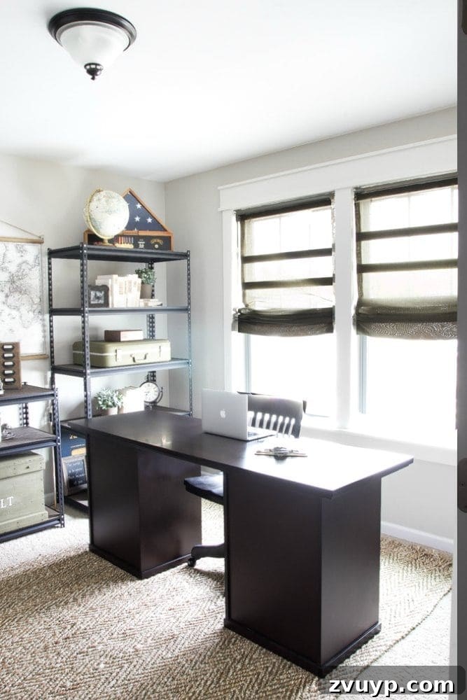Strategic Industrial-Military Hub Unveiled 3 Office Window with Roman Shades Before Final Light Fixture - Industrial Military Office Reveal