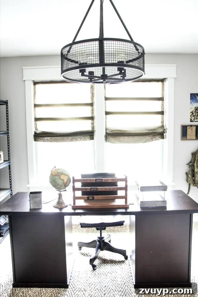 Strategic Industrial-Military Hub Unveiled 23 Industrial Military Office Window with DIY Burlap Roman Shades and Herringbone Rug