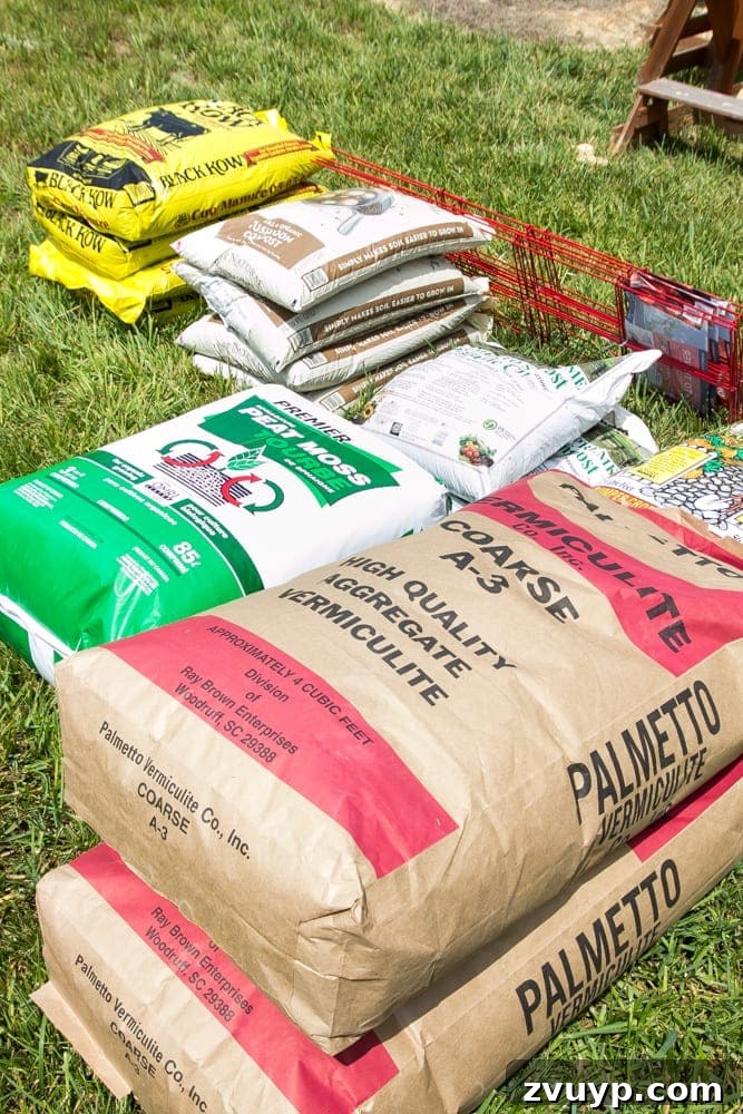 Bountiful Beds: Master High-Yield Raised Bed Vegetable Gardening 7 stacks of vegetable gardening soil, peat moss, vermiculite, and compost bags