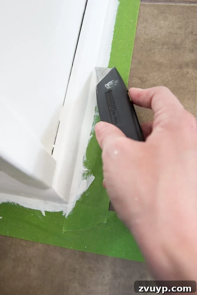 Flawless Cabinets: Paint Your Kitchen Like a Seasoned Pro 12 Scoring painter's tape with a utility knife before removal to prevent paint peeling on kitchen cabinets. Professional DIY painting tip.