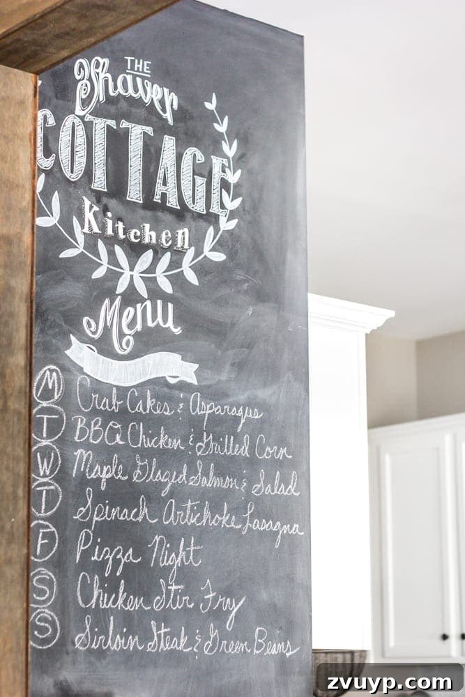 Flawless Cabinets: Paint Your Kitchen Like a Seasoned Pro 17 Chalkboard wall in a newly painted kitchen, a functional and fun DIY project that complements the bright white cabinets.