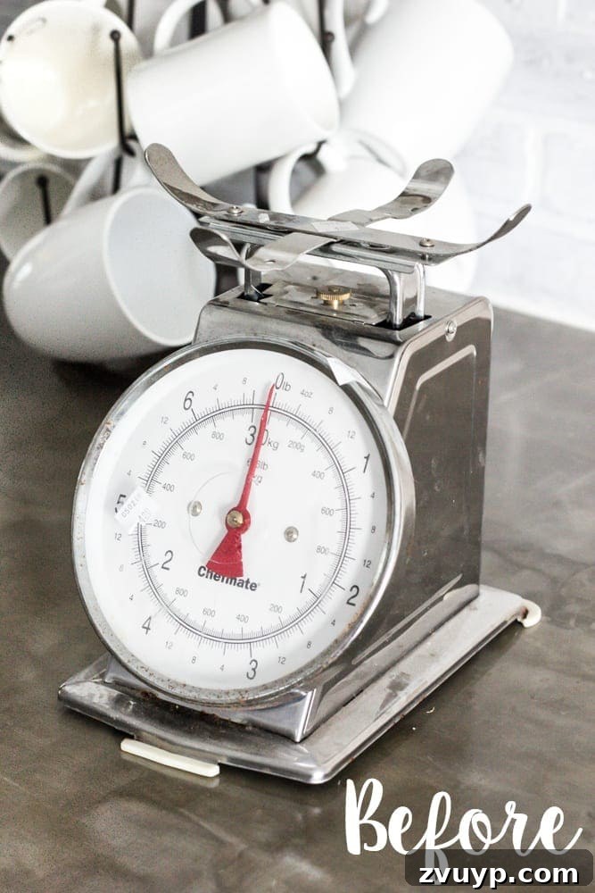 Rustic Revival: Faux Rust Vintage Scale 2 Faux Rusted Vintage Scale Makeover: Before - A discarded, uncharming steel kitchen scale from a thrift store.