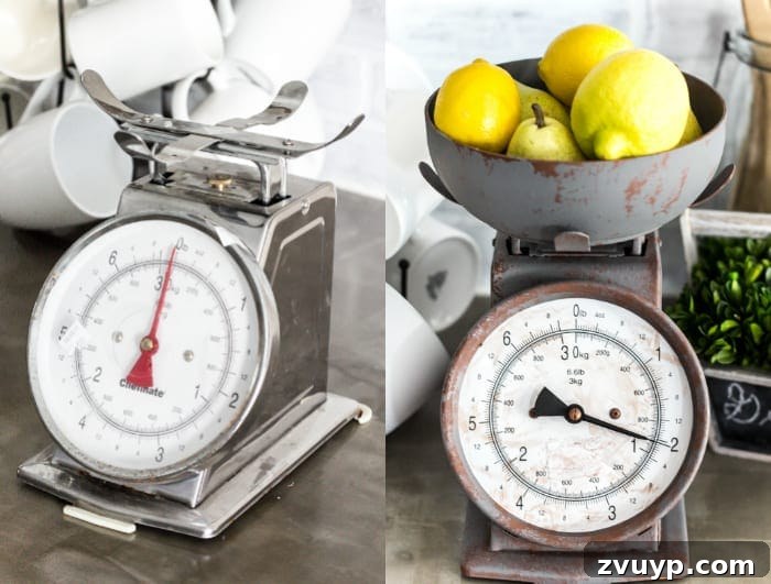 Rustic Revival: Faux Rust Vintage Scale 13 Faux Rusted Vintage Scale Makeover: Before and After comparison of the kitchen scale transformation.
