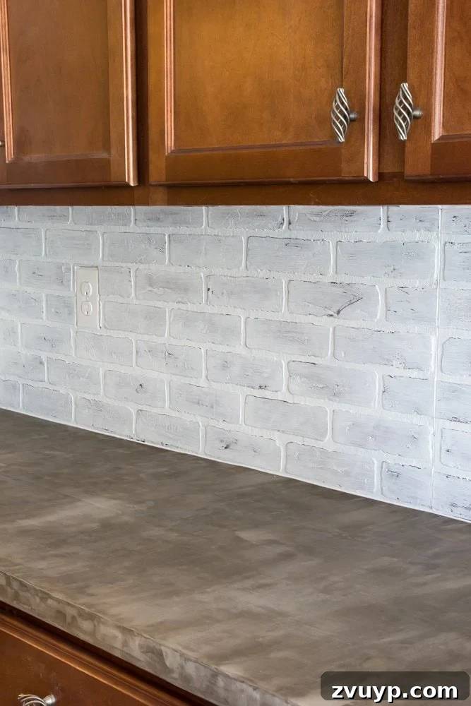 Rustic Chic Whitewashed Faux Brick Backsplash DIY 17 whitewashed faux brick backsplash with concrete countertop