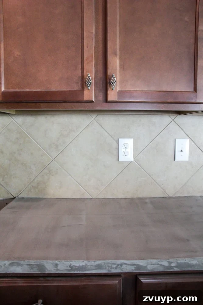 Rustic Chic Whitewashed Faux Brick Backsplash DIY 3 Before: Dated tile backsplash in a kitchen awaiting a DIY refresh