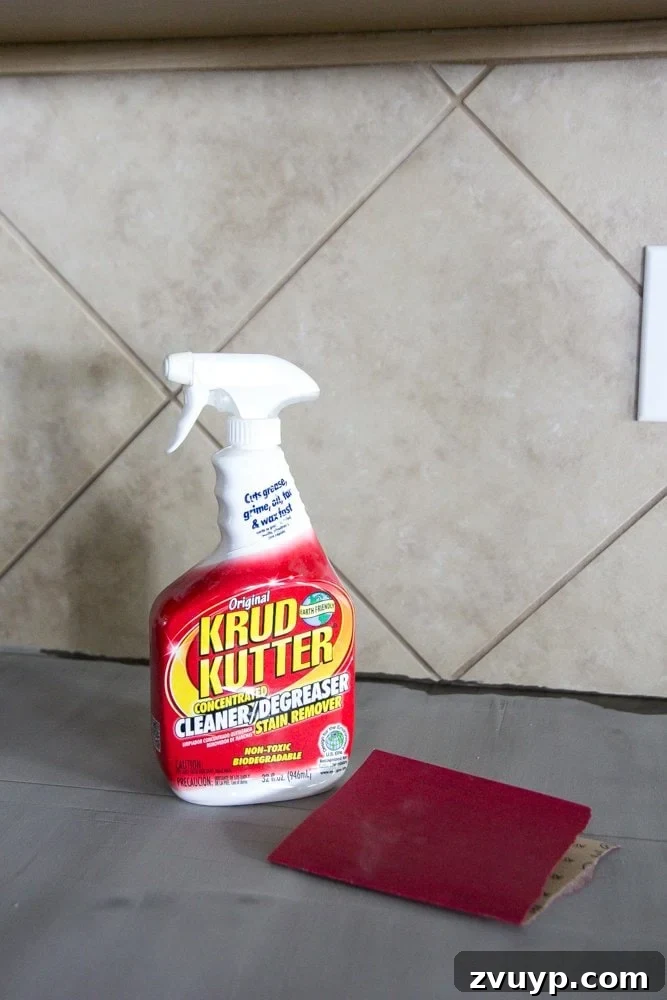 Rustic Chic Whitewashed Faux Brick Backsplash DIY 4 degreasing a tile backsplash before faux brick installation