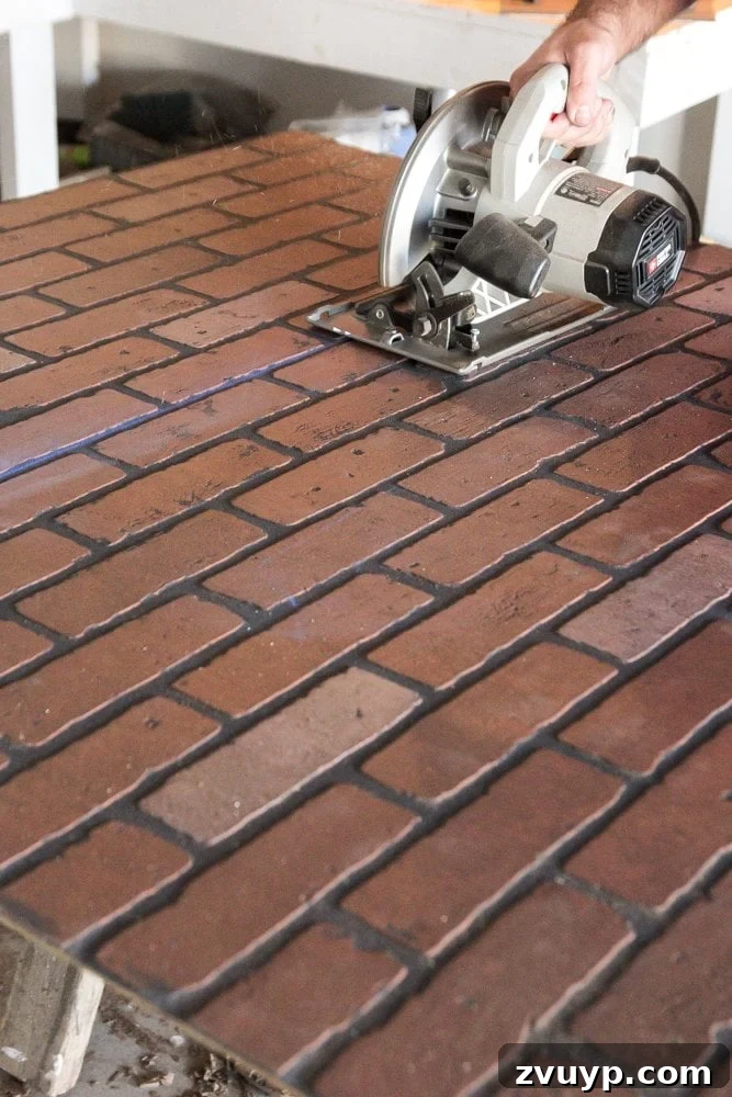 Rustic Chic Whitewashed Faux Brick Backsplash DIY 6 cutting brick paneling with a circular saw for a DIY backsplash
