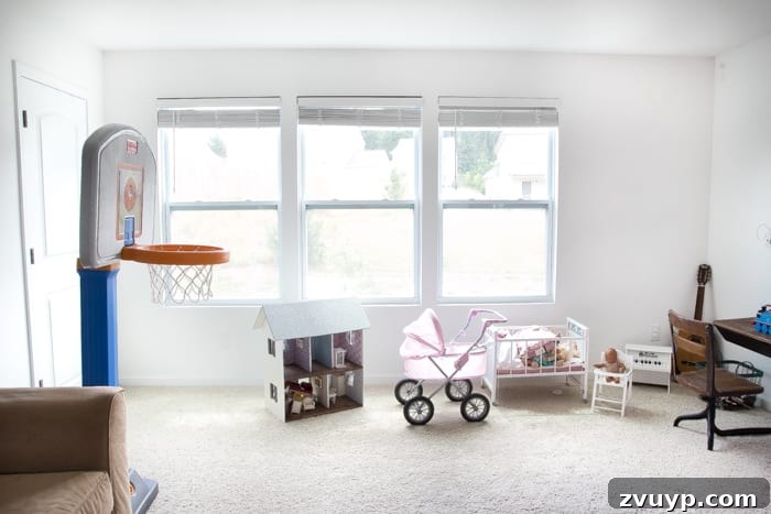 Dream Playroom Media Zone Designs 7 Playroom Window Treatment Ideas | DIY Molding and Navy Burlap Curtains