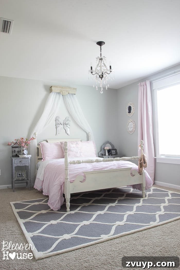 Mirror Frames Reborn as Photo Displays 7 Olivia's beautifully decorated ballerina-themed bedroom, showing an empty wall space