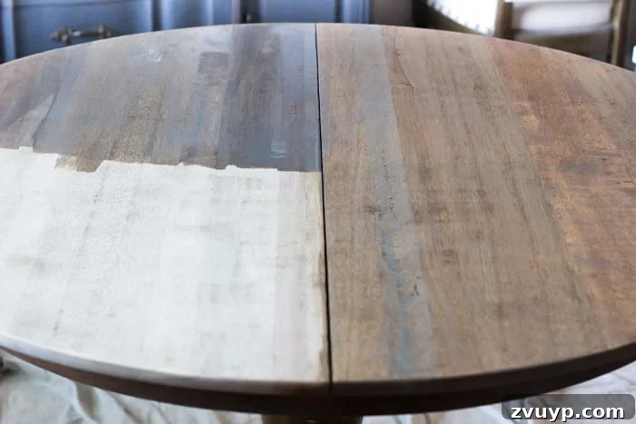 Weathered Oak's Elegant Rebirth 6 Comparison of bare wood, applied stain, and wiped stain on dining table