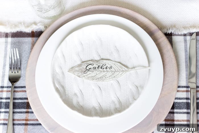 Fall Foliage Place Card Printables 3 Gather Leaf Place Card Printable | blesserhouse.com - A sweet and simple place card free printable plus an early fall neutral tablescape.