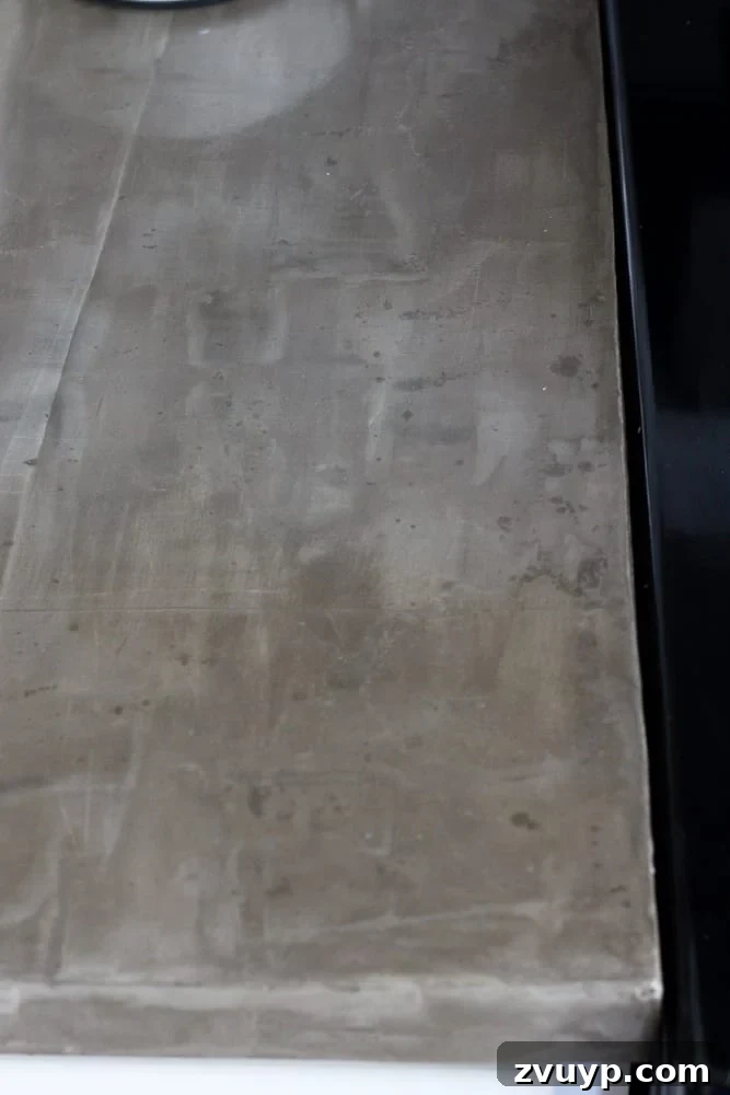 Close-up of severe grease stains and black splotches on concrete counter