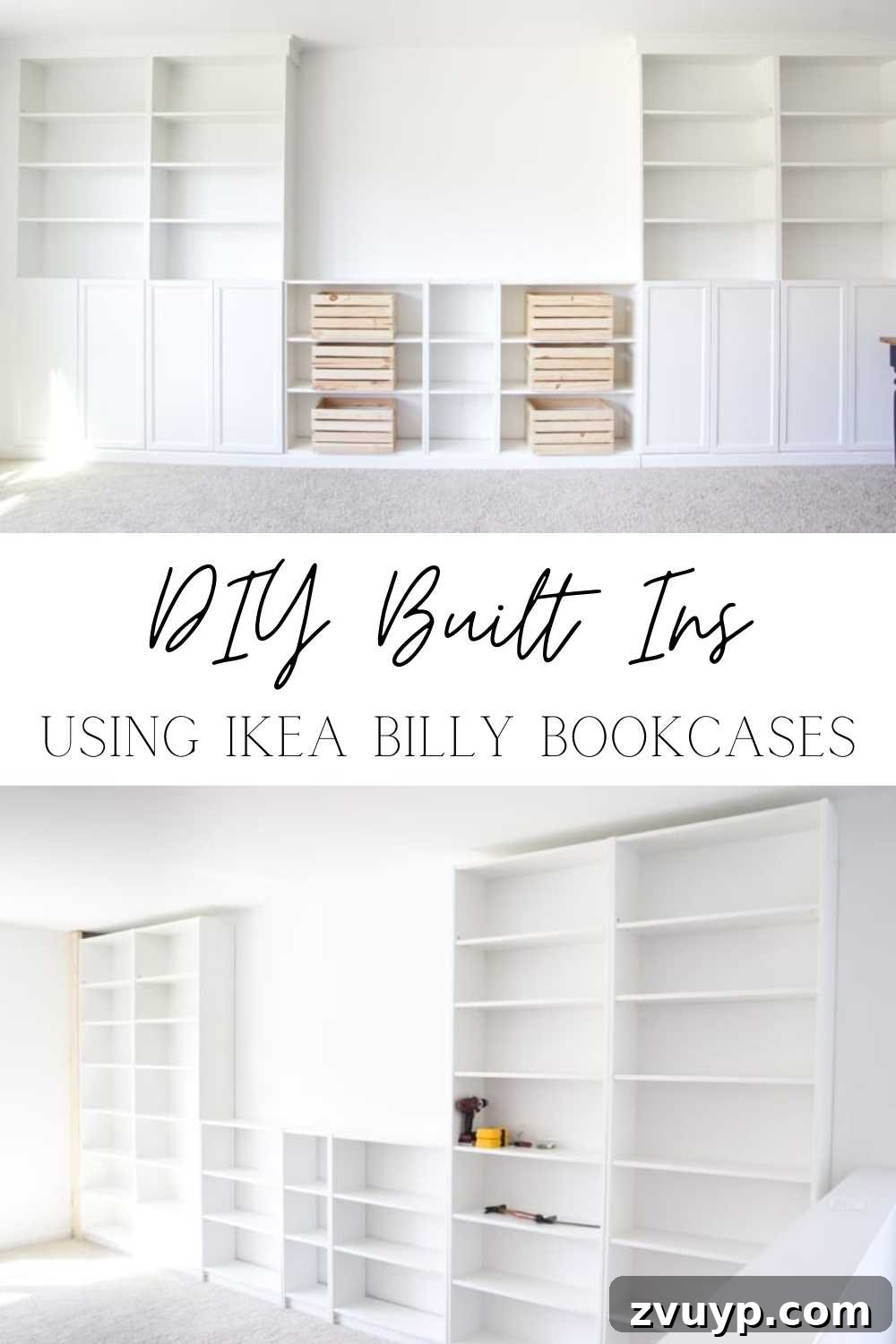 IKEA Bookcase to Seamless Built-In Shelving 31 DIY Built Ins from IKEA Billy Bookcases | A step-by-step tutorial for how to make professional looking built in bookshelves using IKEA Billy bookcases for vertical storage.