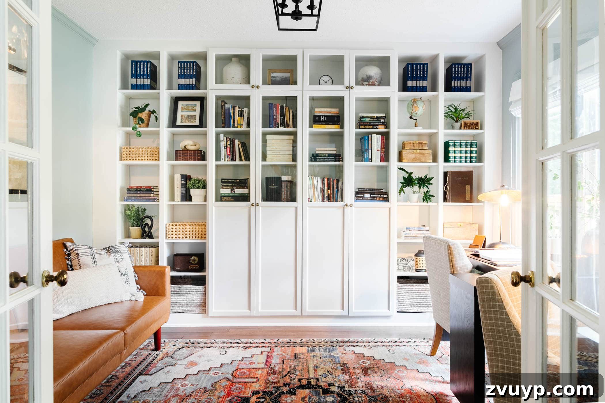IKEA Bookcase to Seamless Built-In Shelving 5 Home office setup with IKEA built-in shelves and glass doors