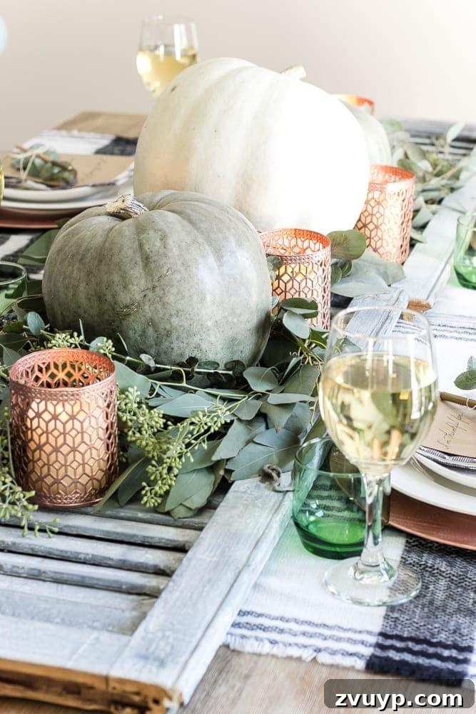 Green Copper Thanksgiving Table Inspiration and Printables 6 Dining table with repurposed green whitewashed shutters as a unique runner