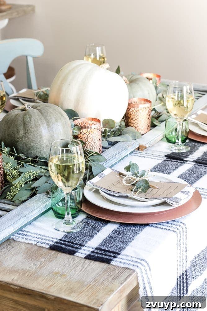 Green Copper Thanksgiving Table Inspiration and Printables 8 Heirloom pumpkins and eucalyptus branches as natural Thanksgiving table decor