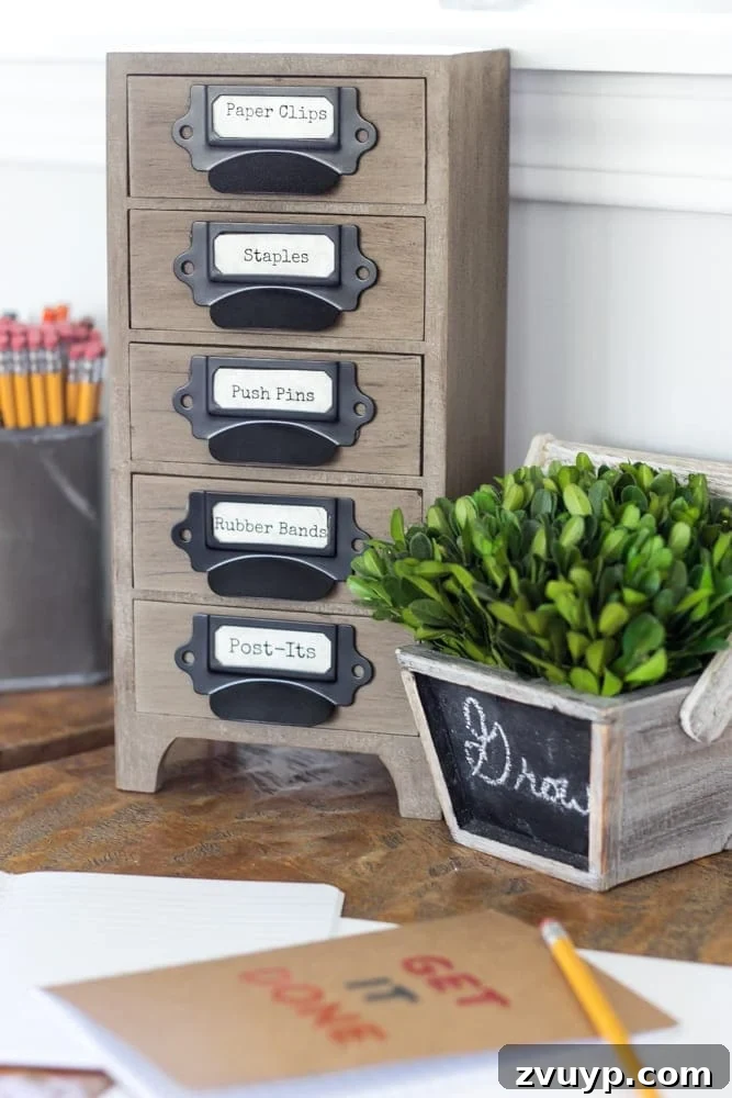 Transforming a Kitchen Table into Wall Desks ORC Week 3 Update 14 Repurposed jewelry box serving as an industrial office supply organizer on the wall-mounted desk.