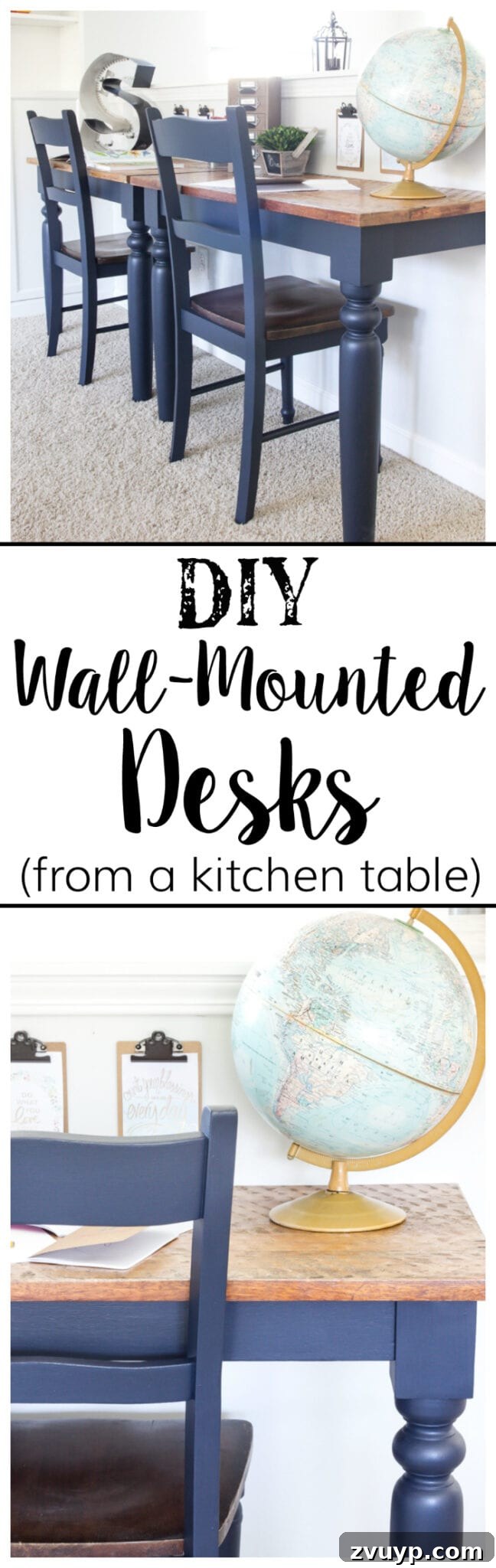 Transforming a Kitchen Table into Wall Desks ORC Week 3 Update 16 Pinterest pin showing a repurposed kitchen table cut in half to create wall-mounted desks for a playroom makeover with Fusion Mineral Paint Midnight Blue.