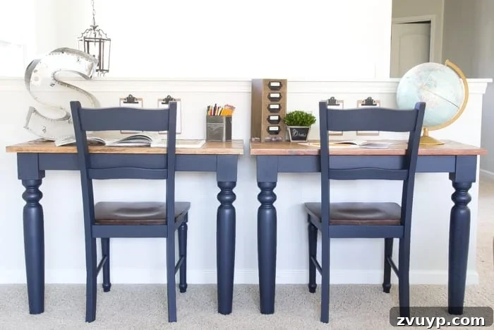 Transforming a Kitchen Table into Wall Desks ORC Week 3 Update 7 Two repurposed kitchen chairs painted in Fusion Mineral Paint Midnight Blue, complementing the new playroom desks.