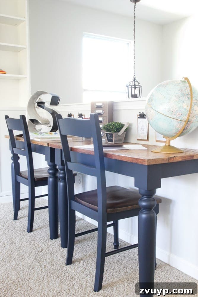 Transforming a Kitchen Table into Wall Desks ORC Week 3 Update 8 Stylish playroom desk area with a blue chair, demonstrating how repurposed items can create a cohesive design.