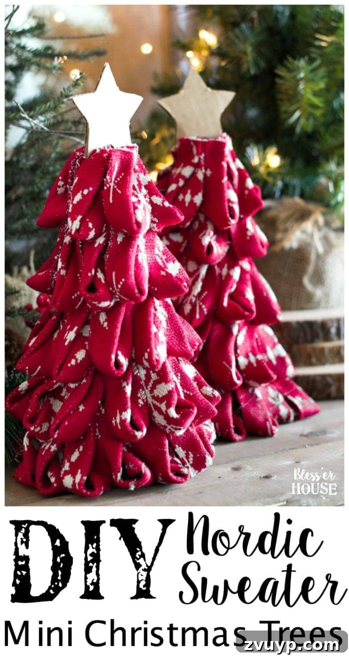 Cozy Knit Mini Christmas Trees 2 DIY Nordic Sweater Mini Christmas Trees | blesserhouse.com - How to make Nordic sweater mini Christmas trees using just florist foam, ribbon, and hot glue for cute decor accents on tabletops and mantels.