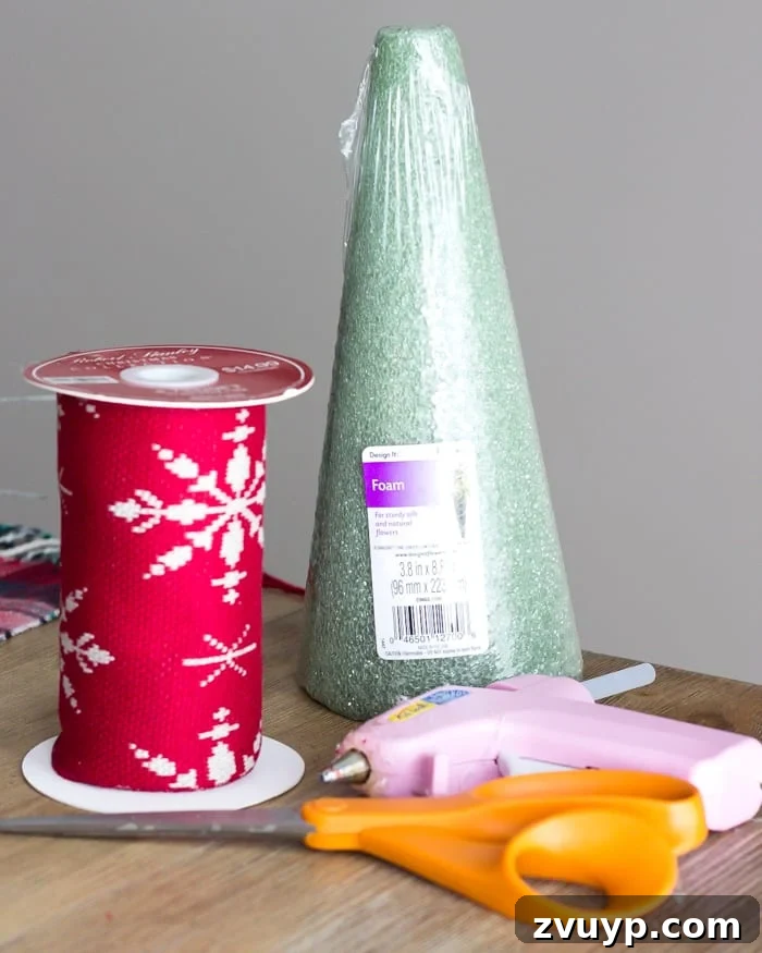 Cozy Knit Mini Christmas Trees 3 DIY Nordic Sweater Mini Christmas Trees | blesserhouse.com - How to make Nordic sweater mini Christmas trees using just florist foam, ribbon, and hot glue for cute decor accents on tabletops and mantels.