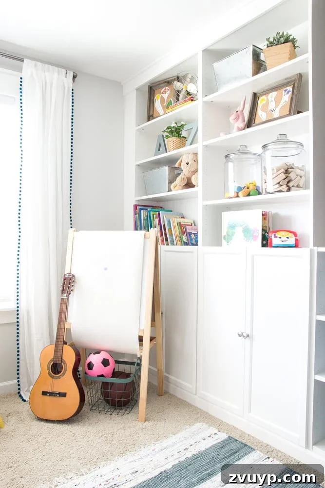 One Room Challenge Week 6 Our Eclectic Farmhouse Playroom Is Here 12 IKEA hack built-in shelves for playroom storage - custom look on a budget.