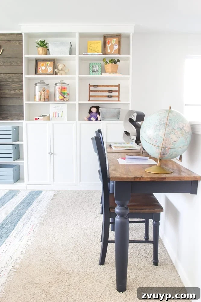 One Room Challenge Week 6 Our Eclectic Farmhouse Playroom Is Here 15 Wall-mounted desks in eclectic farmhouse playroom - close-up of design.