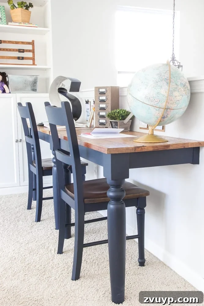 One Room Challenge Week 6 Our Eclectic Farmhouse Playroom Is Here 16 Repurposed kitchen table desks - unique and space-saving solution.