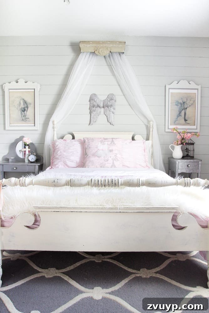 Three Years, One Home: The Transformation Tour 23 Olivia's bedroom after makeover: a whimsical ballerina-themed room with a DIY ballet barre and large mirror, featuring thrifted painted furniture.