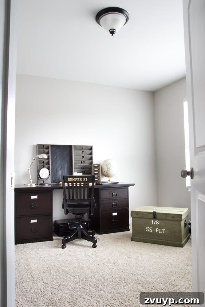 Three Years, One Home: The Transformation Tour 29 Office before makeover: a plain room serving as Robert's 'man cave' before its industrial military transformation.