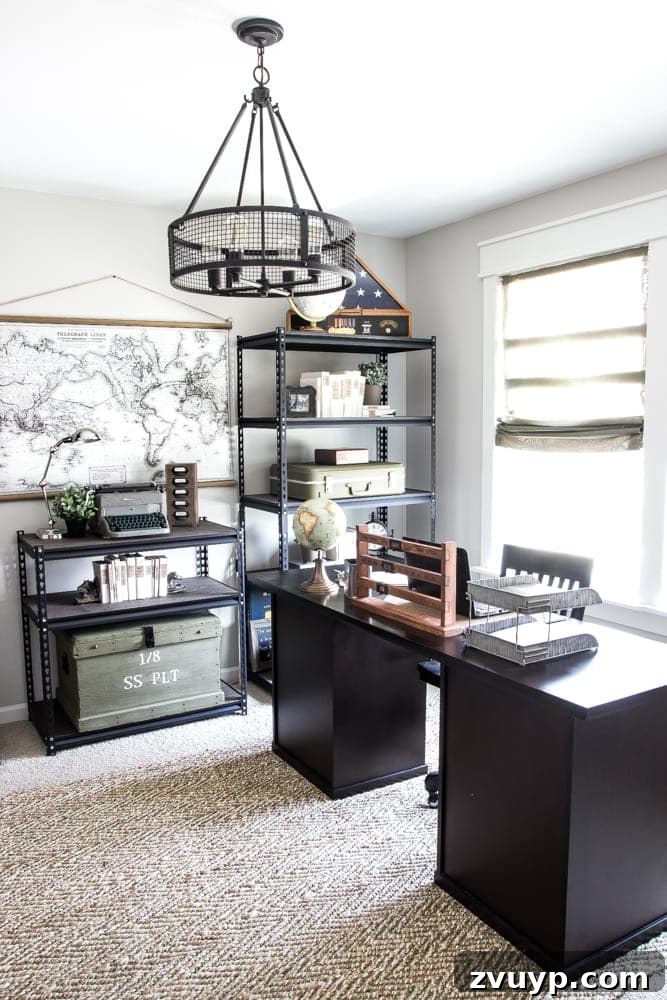 Three Years, One Home: The Transformation Tour 30 Office after makeover: Robert's industrial military 'man cave' featuring a Craigslist Pottery Barn desk and repurposed garage shelving bookcases.