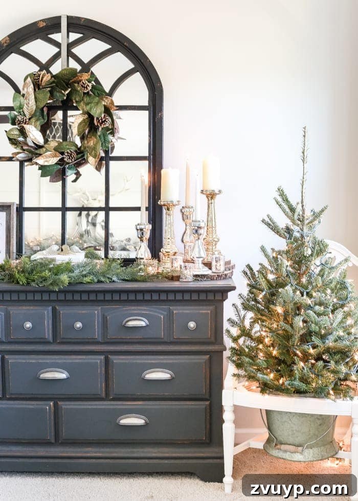 Three Years, One Home: The Transformation Tour 36 Master bedroom after dresser transformation and festive decor: a rustic modern sanctuary decorated for Christmas.