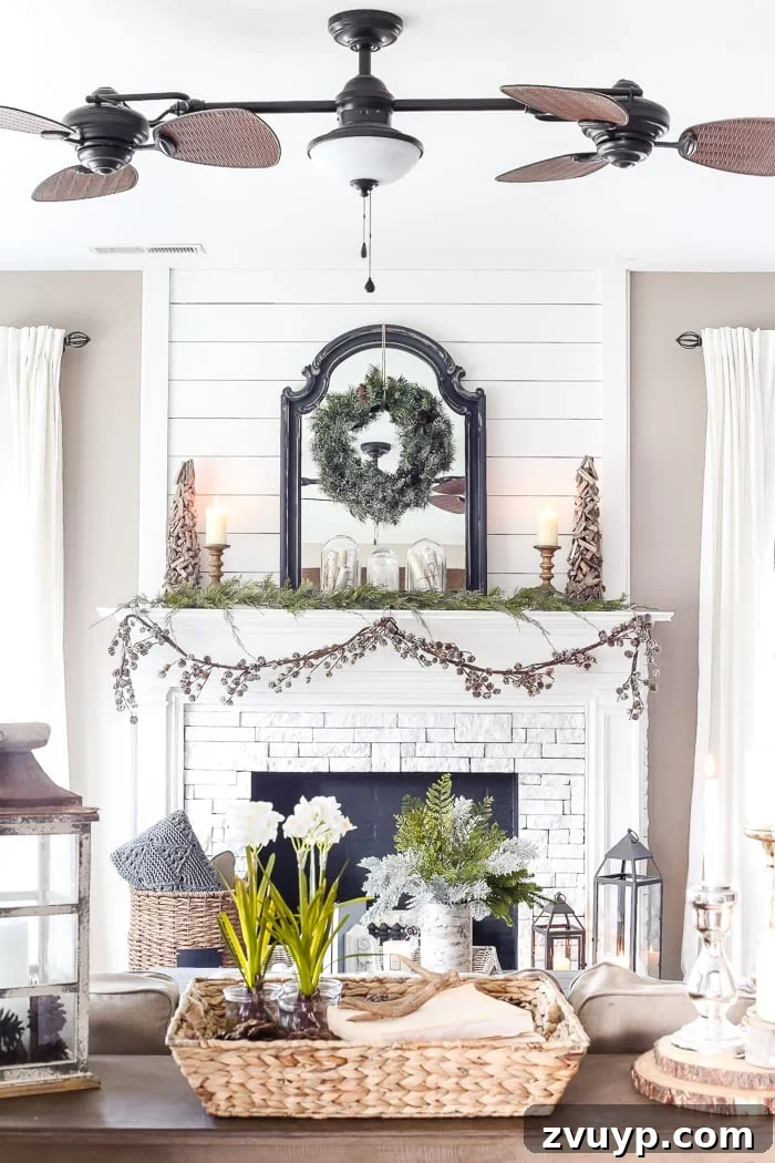 After-Christmas Winter Mantel and Living Room: A tour of an after-Christmas winter mantel and living room with thrifty ideas and creative budget decor to help bring warmth and life to your home.