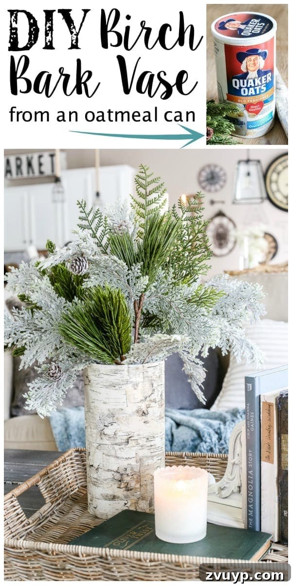 Crafting a Natural Birch Bark Vase 10 DIY Birch Bark Vase from an Oatmeal Can | blesserhouse.com - A quick tutorial for how to make a DIY birch bark vase for cheap using items from your pantry to create a cozy style for displaying faux florals.