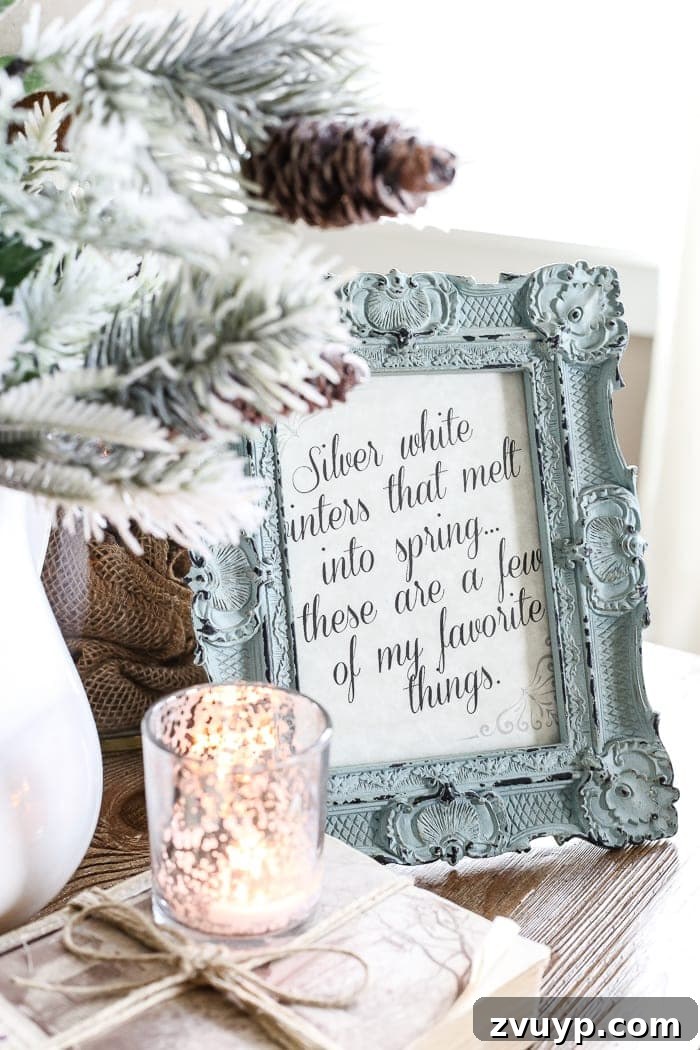 Elegant Silver White Winter Printable Art 2 Silver White Winter Printable | blesserhouse.com - A free downloadable printable perfect to frame in the winter for home decor featuring the song lyrics from The Sound of Music's