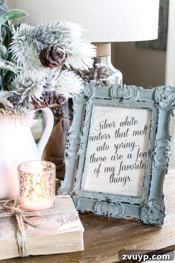 Elegant Silver White Winter Printable Art 4 Silver White Winter Printable | blesserhouse.com - A free downloadable printable perfect to frame in the winter for home decor featuring the song lyrics from The Sound of Music's